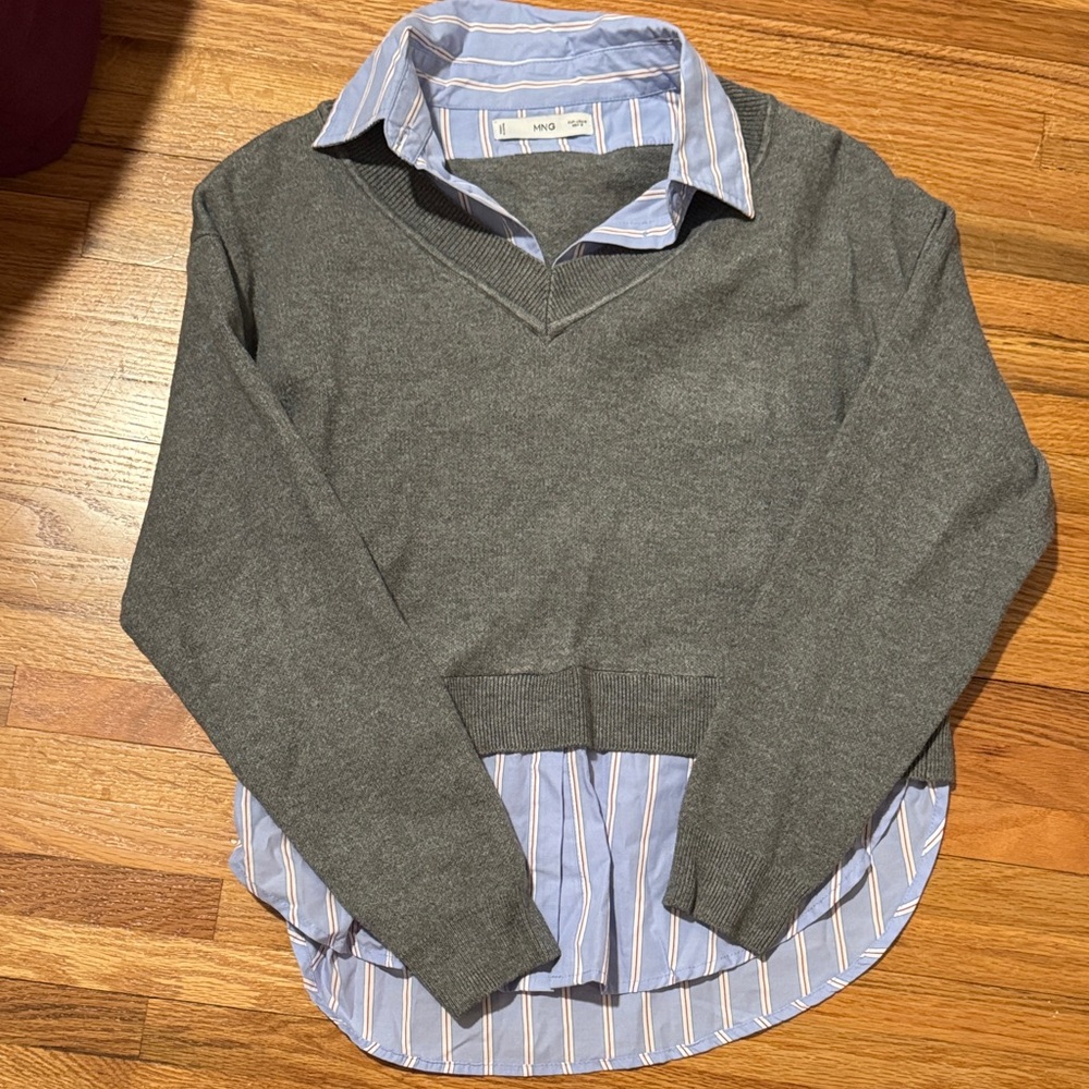 Gray V-Neck Sweater with Blue Striped Shirt